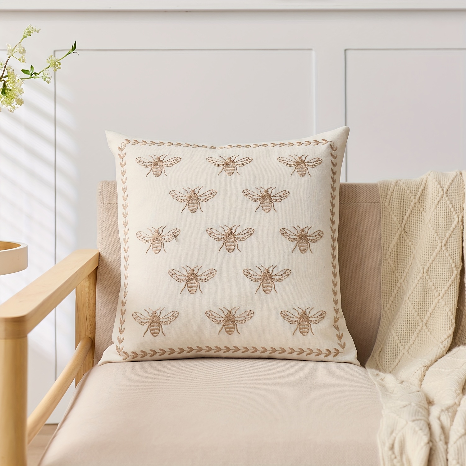 E-shop ., Kissenbezug aus Leinenmischung, Dekokissenbezug mit mehreren Bienen, einseitig bestickt, geeignet für Sofa, Wohnzimmer, Schlafzimmer,