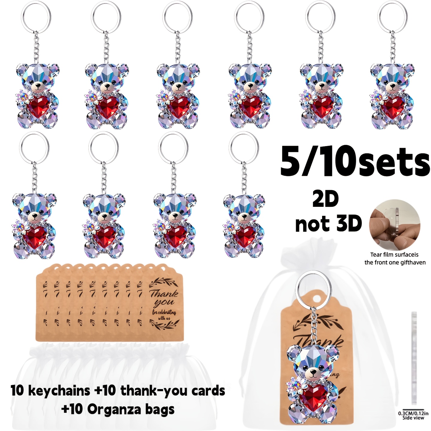 TEMU 2d Flat, 2d Flat - A 2d Flat Gift For Her/him, 5/10 Sets Of Keychain Pouches, Teddy Bear Heart Flower Keychain Party Gift Set - Includes 2d
