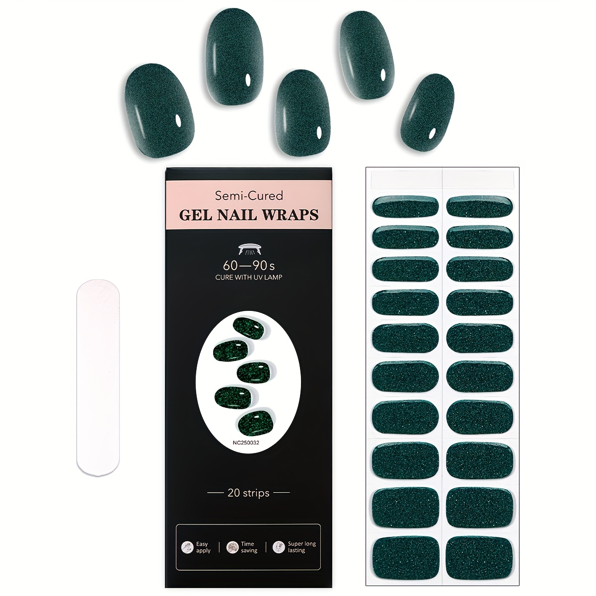 Set Of Semi-cured Gel Nail Wraps, Classic Retro Dark Green Glitter Nail Stickers, , Retro And Exquisite, Women's Party Diy Easy To Create Retro And Exquisite Manicure