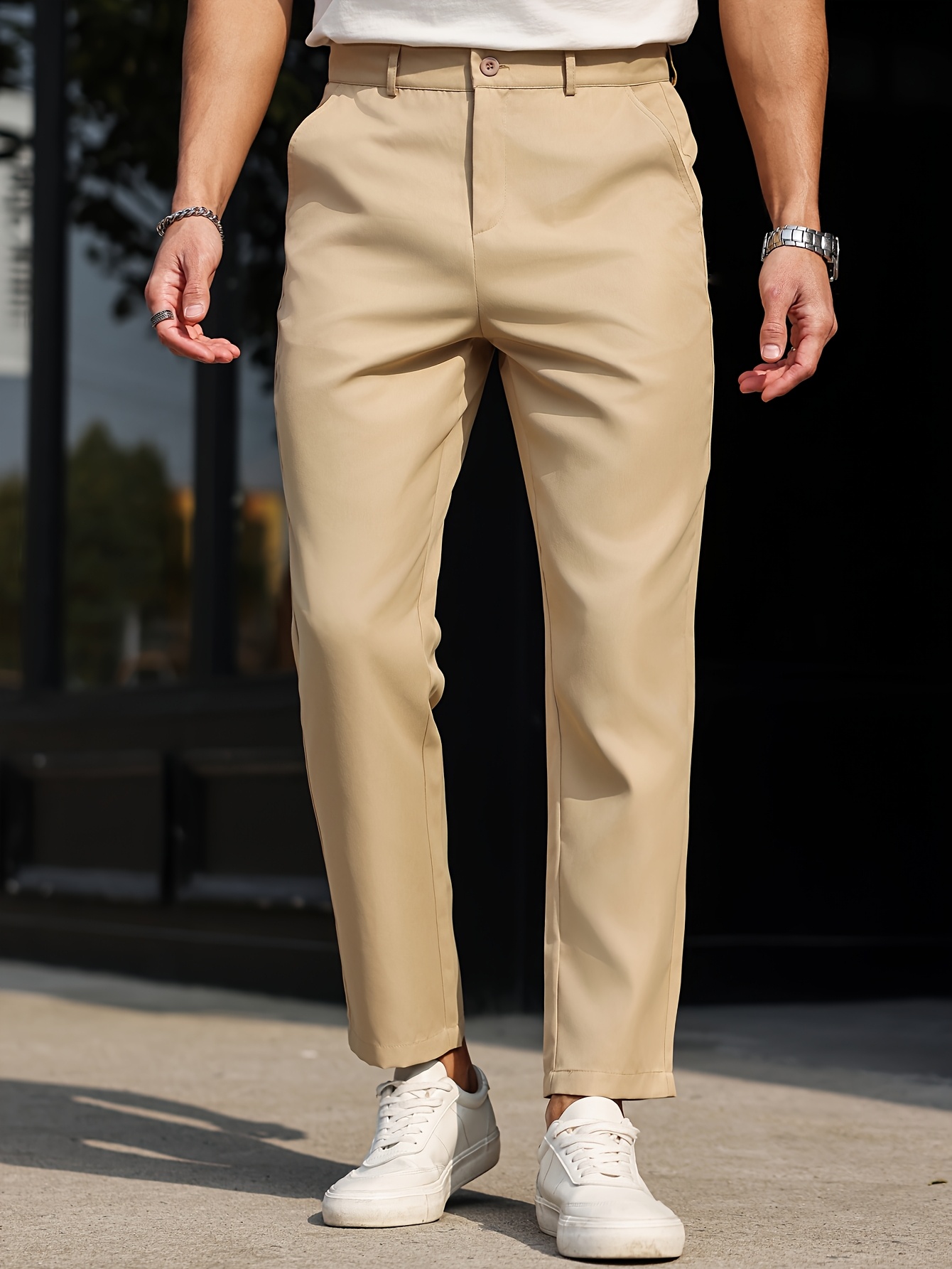 Men's Slim-Fit Casual Dress Pants - Solid Beige, Machine Washable, Straight Leg Design with Side Pockets, Perfect for Business or Leisure Outings, Allseason Trousers | Straight Leg Pants | Internal Zipper Closure