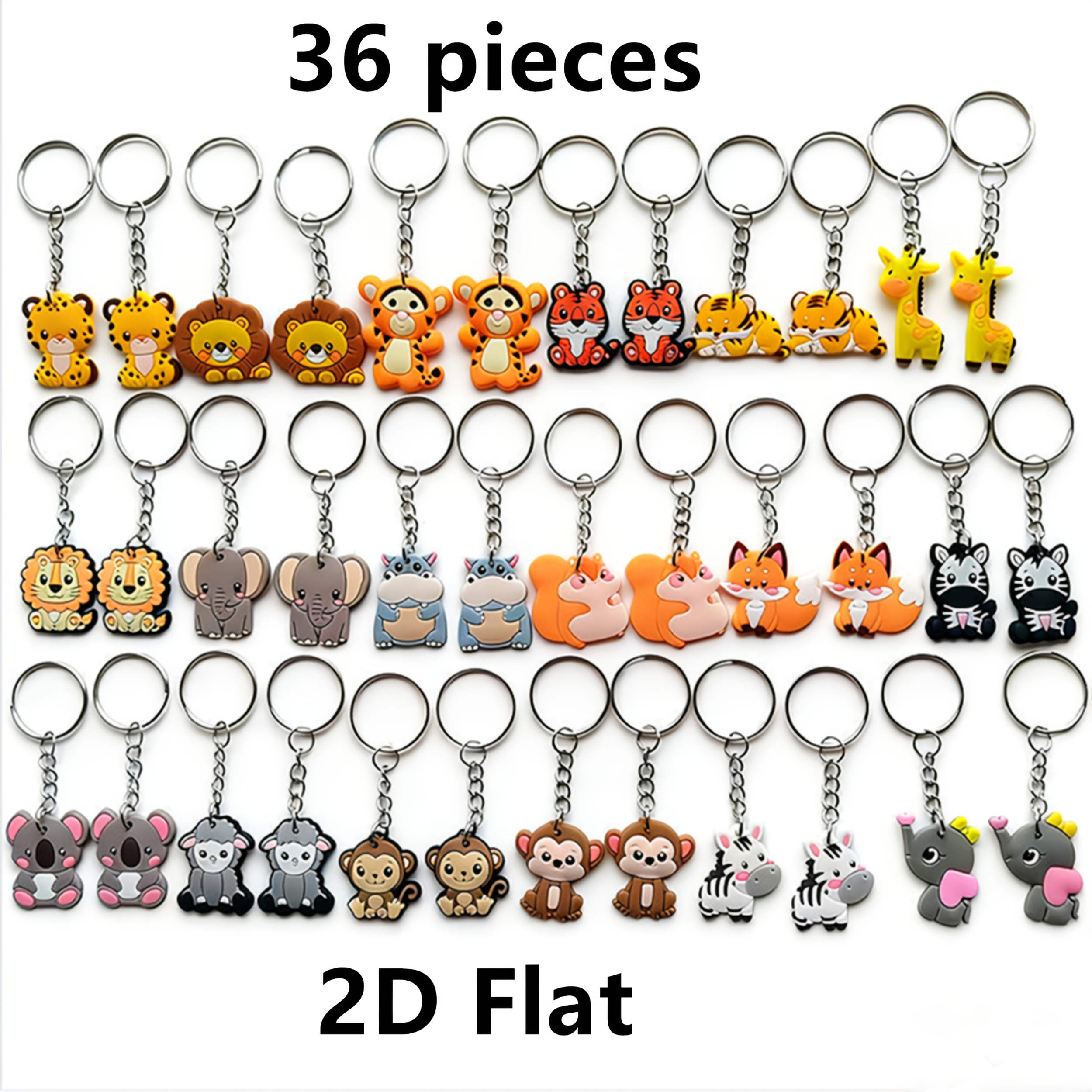 TEMU 2d Flat, 36pcs Cartoon 2d Flat Pvc Animal Keychains, Classic And , 18 Animal Styles, Suitable For Daily Accessories, Pendants, Gifting, Holiday