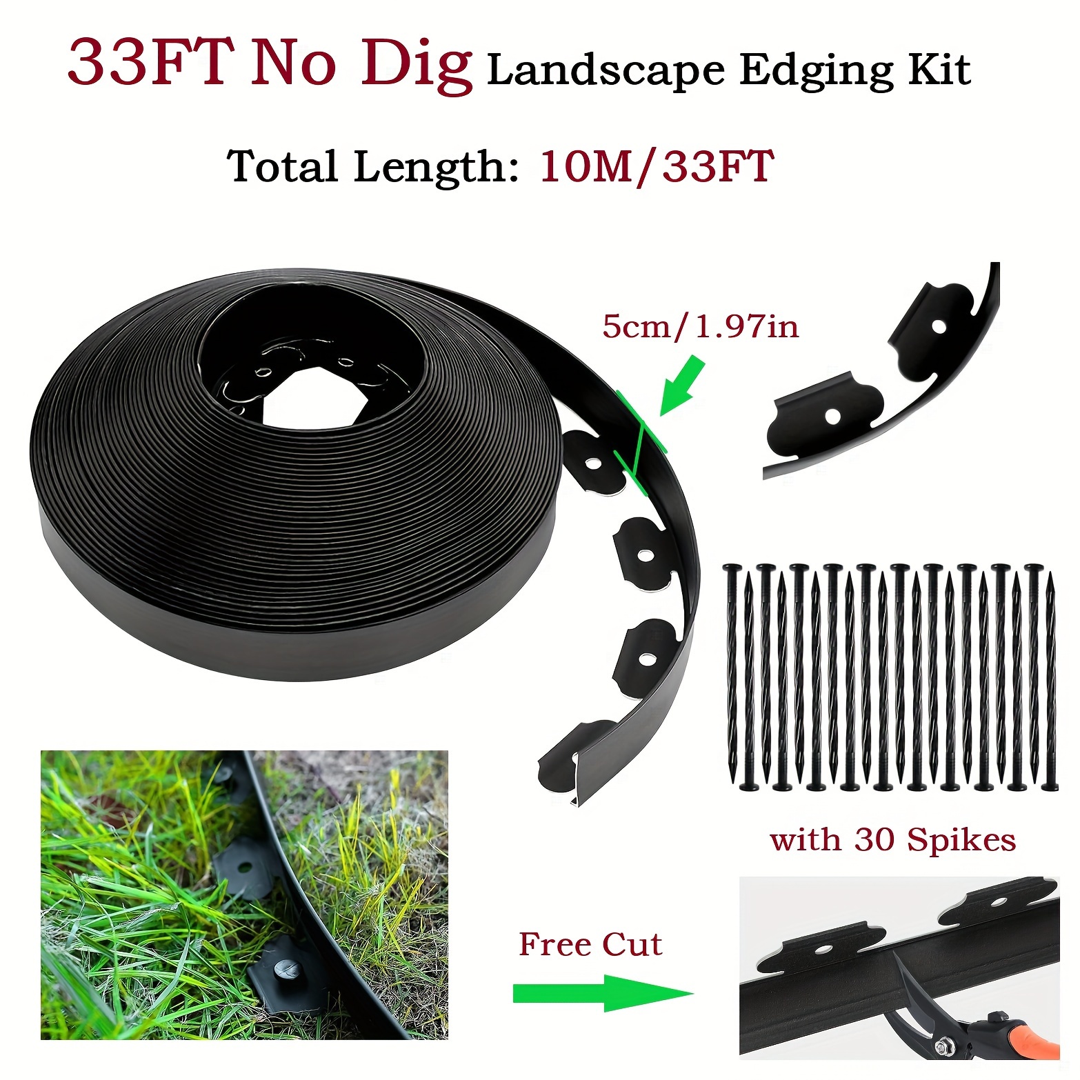 

Landscape Edging Kit, 33 Ft With 30 Spikes, 2" Tall No Dig Garden Edging Lawn , For Landscaping Flower Beds Yard