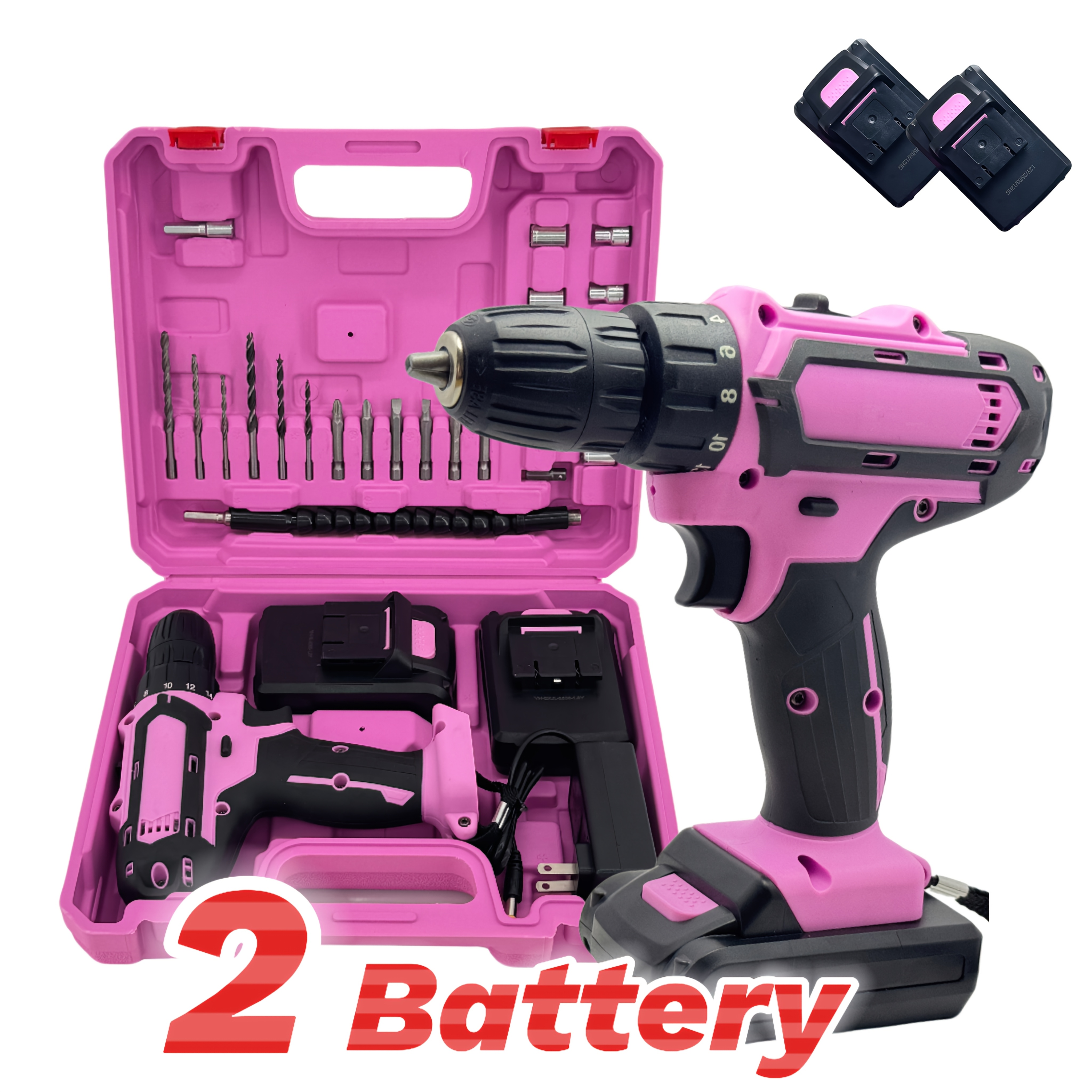 TEMU Duo : Perceuse balais rose 24 pièces 21V OU Kit d'outils rouge 50+3 pièces | rapide | Couple intelligent 18+1 | Embouts universels/Tournevis