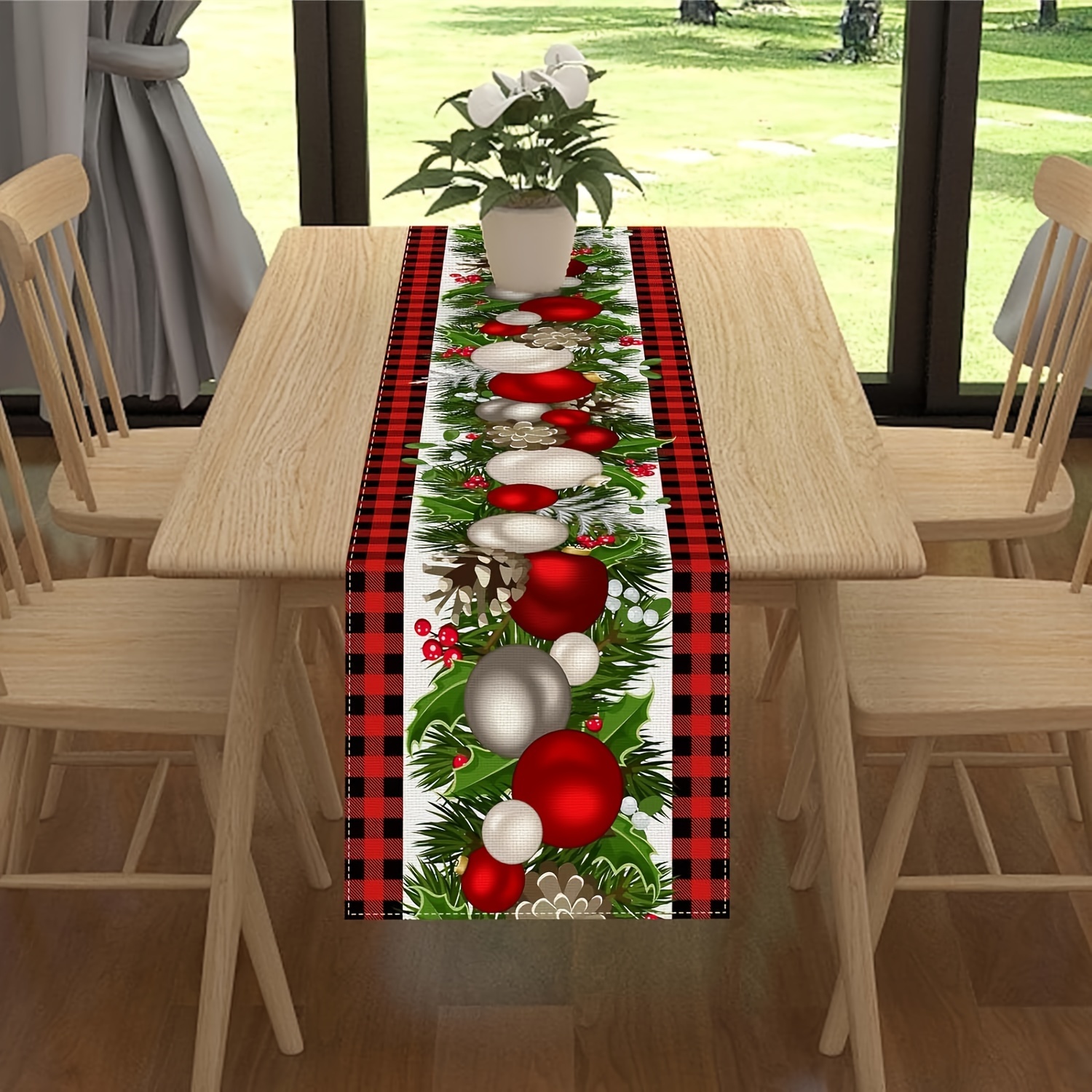 

Christmas Table Runner - Polyester Woven Rectangular Table Runner With Buffalo Check, Holly Berries, Pine Cones, And Xmas Balls Design - Perfect For Holiday, Party, Wedding, And Birthday Decorations