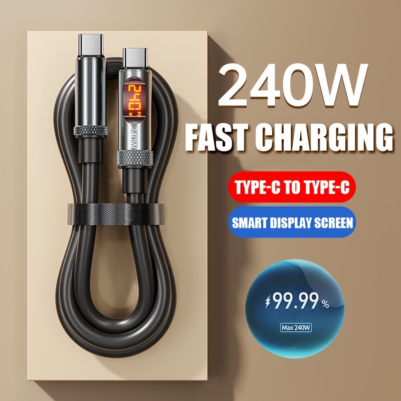 TEMU QYSGüte 240W 고속 충전 케이블, 실시간 디지털 디스플레이, PD 3.1 지원 Type-C to Type-C, 애플 아이폰 16 프로 맥스/15 프로/iPad/MacBook Pro, 삼성 갤럭시 S23/S22/S21, 샤오미, 화웨이, 노트북 등 호환