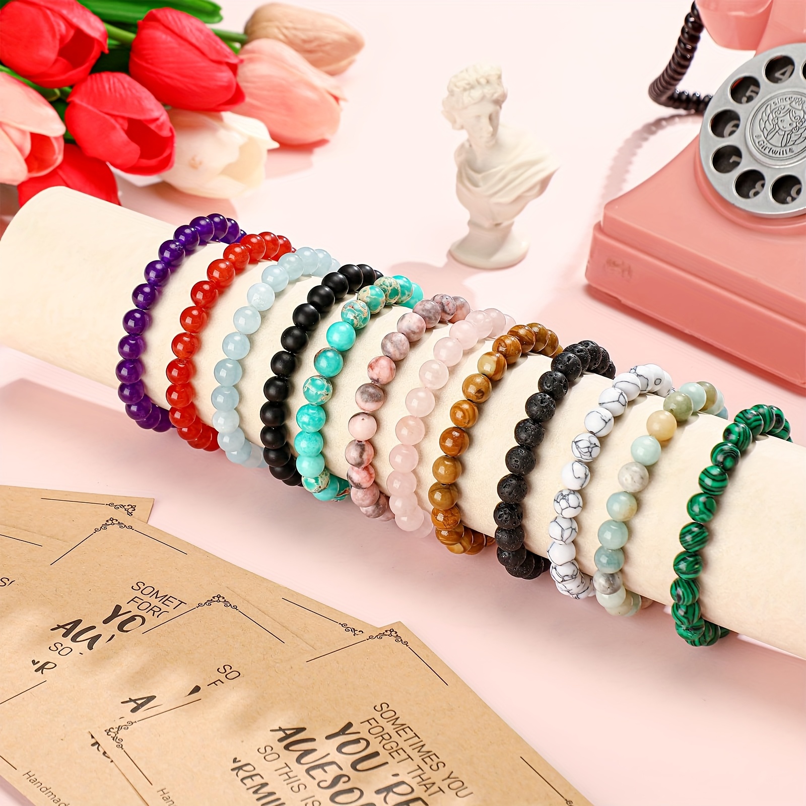 Inspirational Beaded Bracelets 12 Pack Adjustable Natural Stone