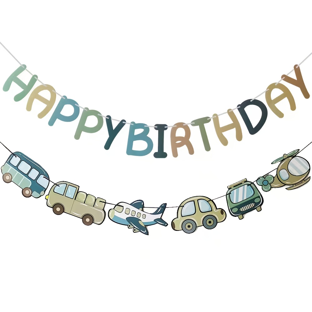 Image of 19pcs Macaron Birthday Decoration Banner Set, Public Transportation Engineering Vehicle Aircraft Banner, Birthday Letter Banner, Birthday Party Gathering Scene Layout Background Decoration Supplies