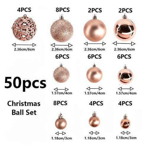item picture 50pcs rose golden christmas ball decoration set 3 sizes 3cm 4cm 6cm christmas hanging pendant matte shiny hollow christmas tree decoration suitable for holiday weddings parties home decoration hanging hat covers
