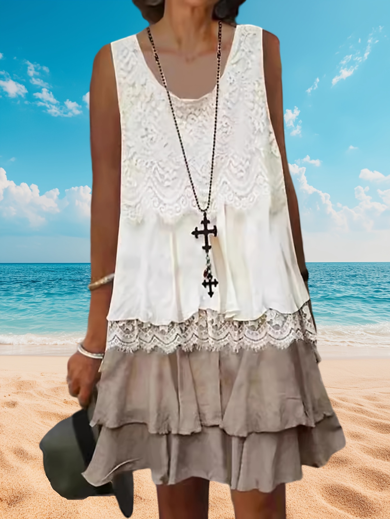 plus size plus size womens bohemian lace   sleeveless dress round neck midi skirt with layered lace overlay lightweight summer casual dress for beach   picnics warm weather fashion boho chic delicate detailing fashion enthusiasts vacation outfit breathable fabric fashionforward women
