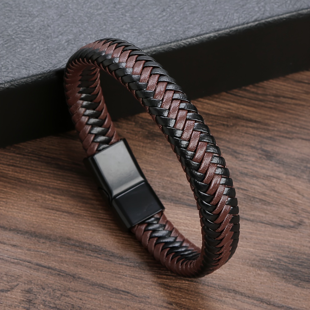 

Mens Leather Bracelet With Clasp Cowhide Braided Leather Mens Bracelet