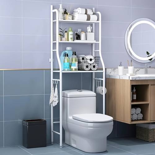 1pc space saving over the toilet storage shelf 3 tier freestanding metal frame over the toilet storage cabinet with roll paper holder and hooks easy assembly no drilling required for toilet washing machine small bathrooms white black