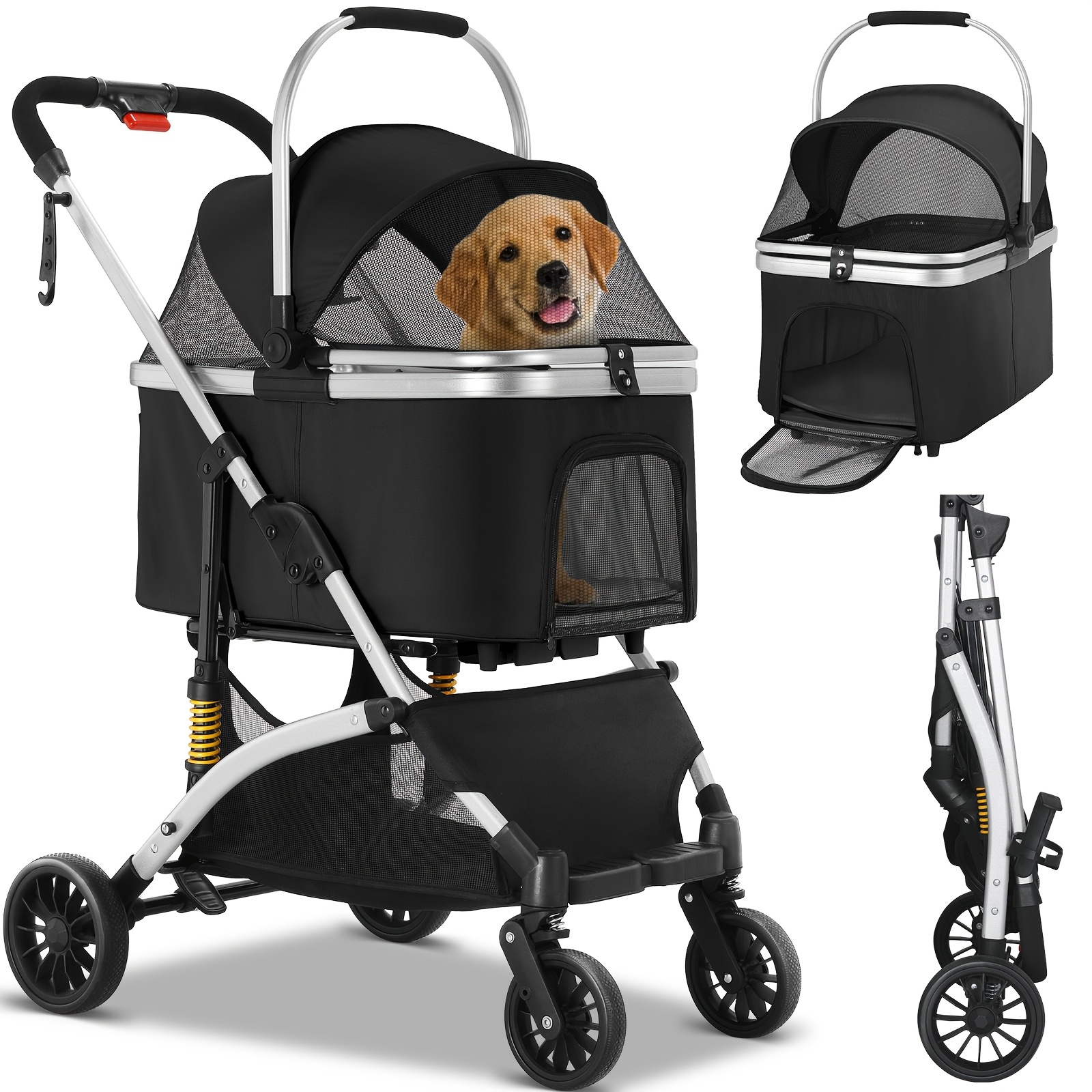 Dog Stroller, Foldable Pet Stroller, 3-in-1 Pushchair With Storage Basket Net Window Cup Holder, 360° Wear-resistant Rubber Wheels Dog Travel Carrier, For Small Dogs And Cats