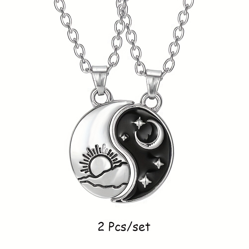 Dragon Tai Chi Bff Necklace For Women Men Vintage Adjustable Yin Sun Pendant Couple Necklace Jewelry Gift Retro Yin Yang Tai Chi Pendant Necklace Moon Star Alloy Round Black And White Pendant Necklace