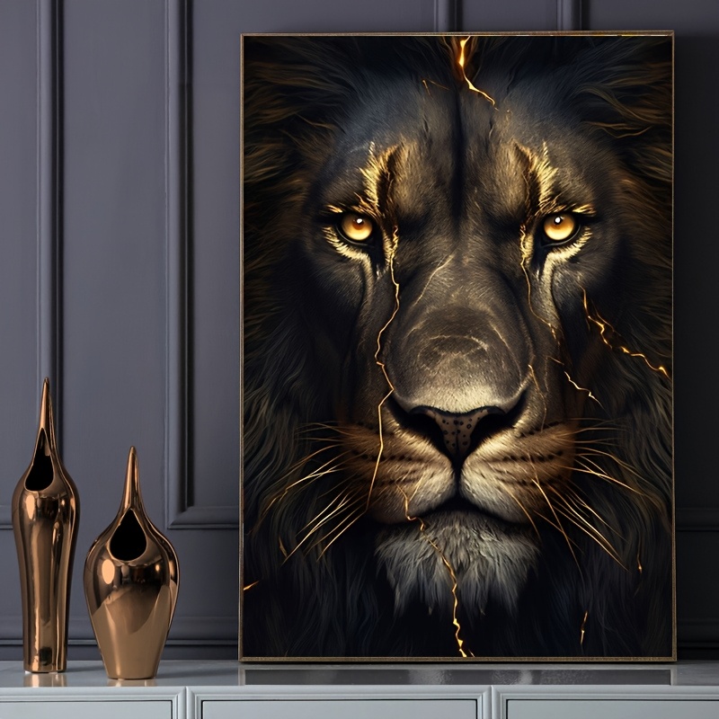 TEMU Grande toile moderne abstraite de lion cadre - Décoration murale avec accents dorés pour et à coucher, design vibrant, encre sur toile, œuvre