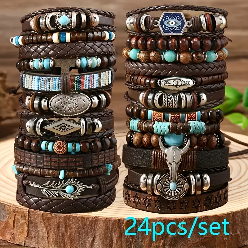 TEMU 24pcs Bohemian Turquoise Shell & Wood Bead Bracelet With Brown Suitable For Women's Casual Attire, Vacation Parties, Christmas Gift, Retro