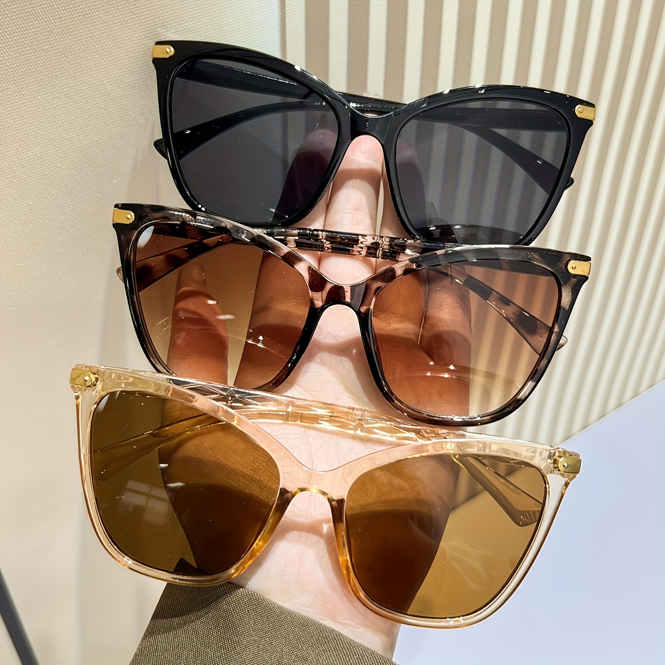 

3pcs Women's Cat Glasses In Black, Brown & Golden - Stylish Set With Decorative Lenses & Cleaning Cloth For Fashionable Uv Protection