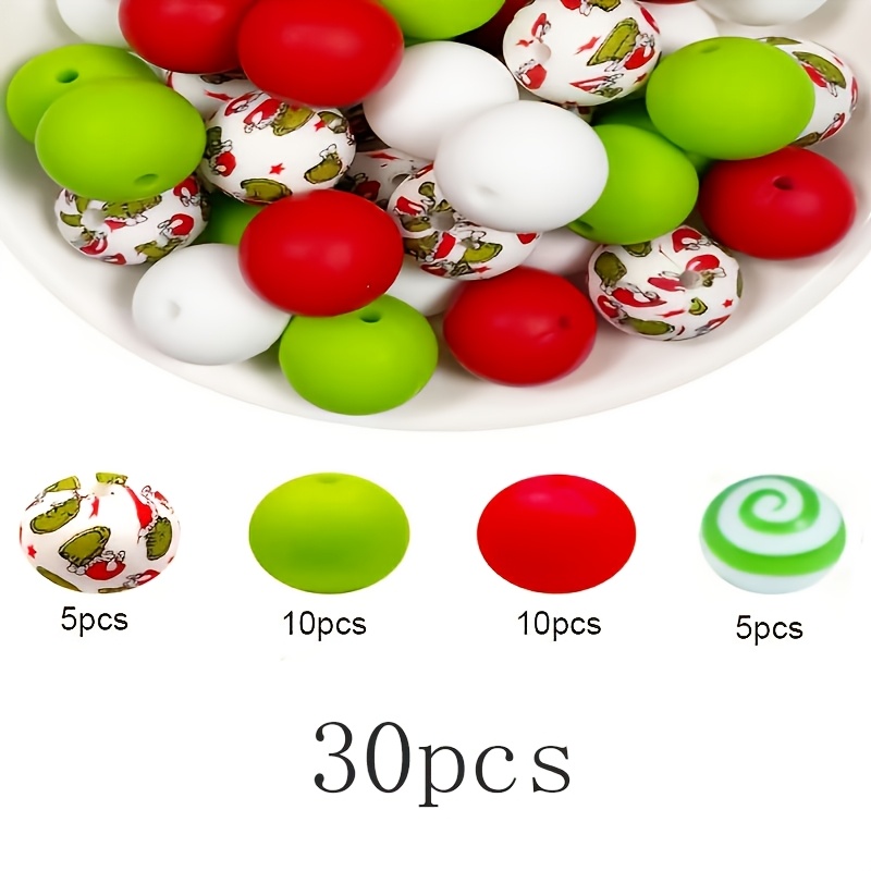 TEMU 30pcs/ Christmas Themed Silicone Beads - Red And Green, With Santa Hats, Holiday Design, Suitable For Diy Keychains, Lanyards, And Pens, 15mm