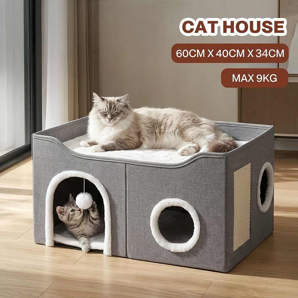 Image of Cat House For Indoor Cats, Large Cat Bed Cave With Ball And Scratch Pad, Foldable Cats Houses & Condos, Cat Hideaway, 23.8x15.9x13.2 Inch, Grey