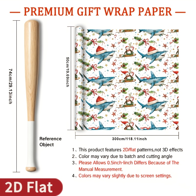 TEMU 1 Shark Wrapping Paper Suitable For Ocean-themed Parties, Shark Christmas Decorations With Glossy Suitable For Shark & Marine Gift Boxes, Diy