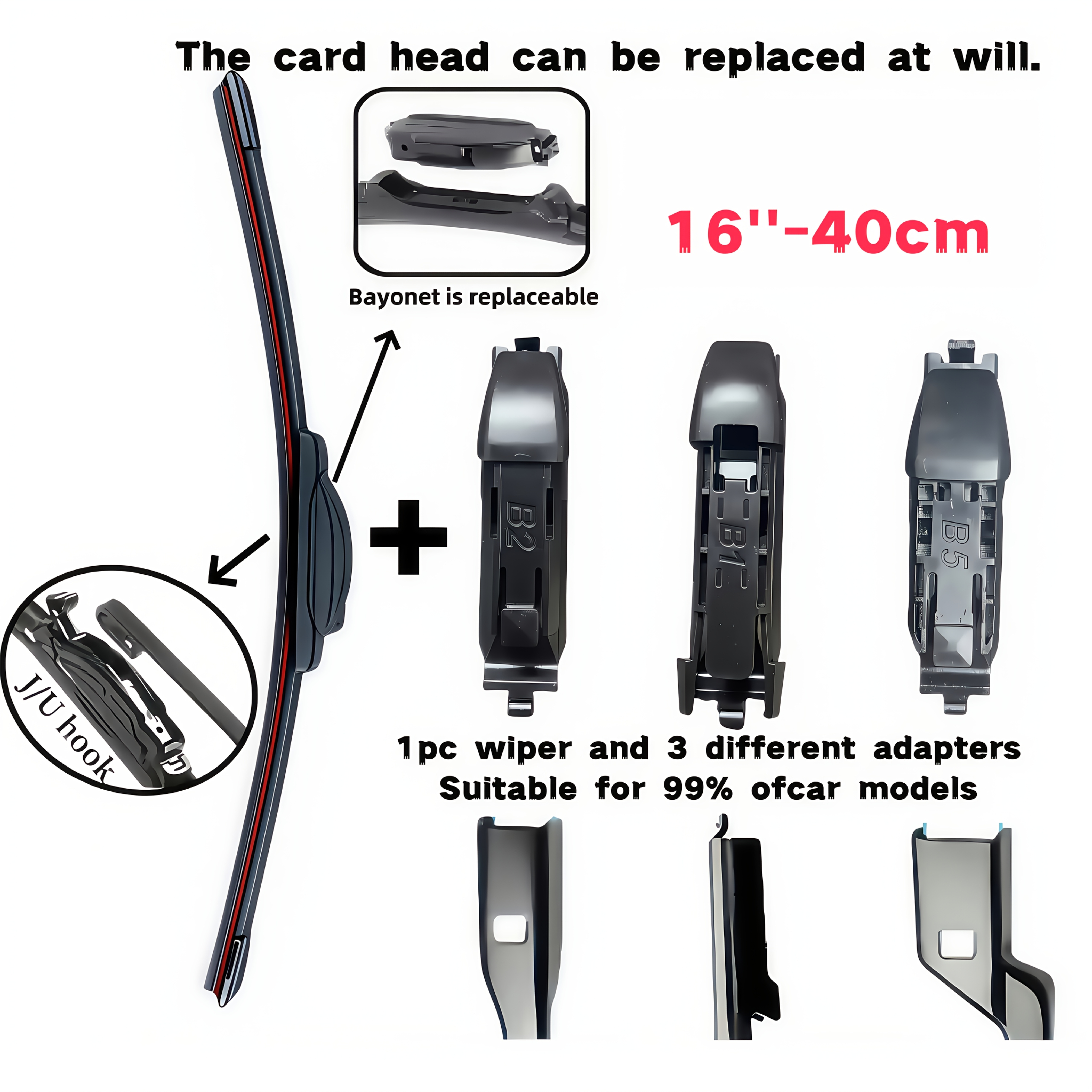 TEMU All-new Upgraded Car Windshield Wiper U/ Wiper Blade   3pcs Adapter Replacement Head / 6 Rubber Strips Car Wiper Blade, High-quality Rubber
