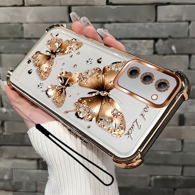 TEMU Funda para teléfono: plana 2D, juego de 2 piezas: incluye 1 funda para teléfono + 1 correa, mariposas brillantes planas 2D, funda para teléfono,