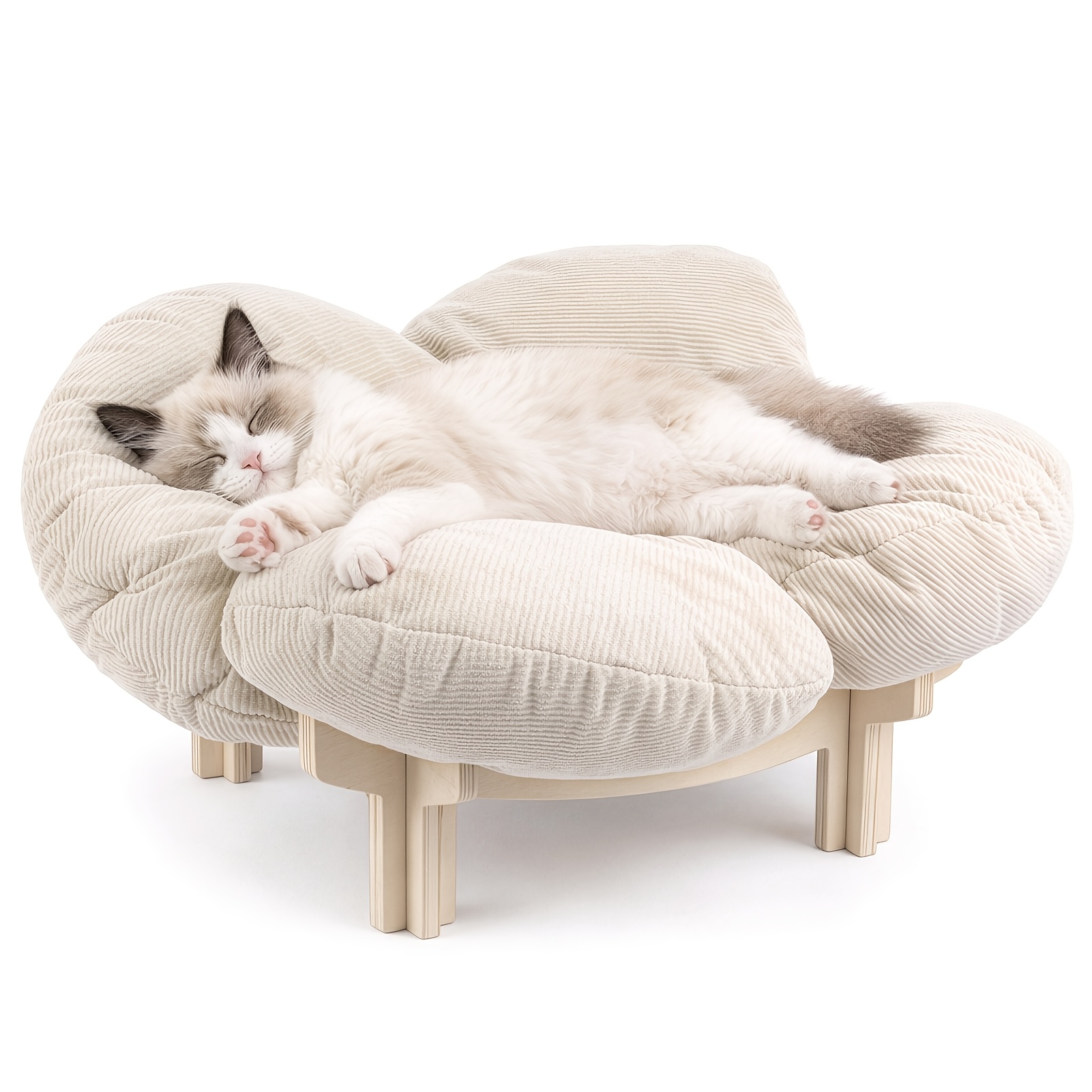 Image of Elevated Cat Bed In Flower Shape, Sturdy Wooden Cat Sofa, Soft Pet Sofa, Cat Chair With Removable Soft Cushion, Cat Furniture For All Cats For Sleeping, Playing, Relaxing, 38x38cm