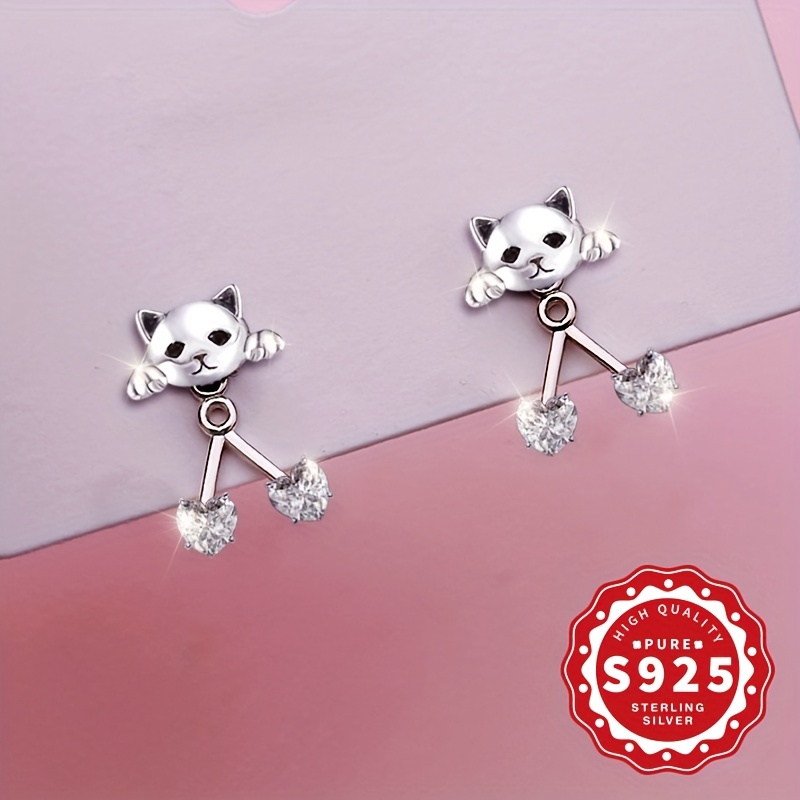 Women's S925 Silver Cat Double Heart Back-Hanging Earrings
