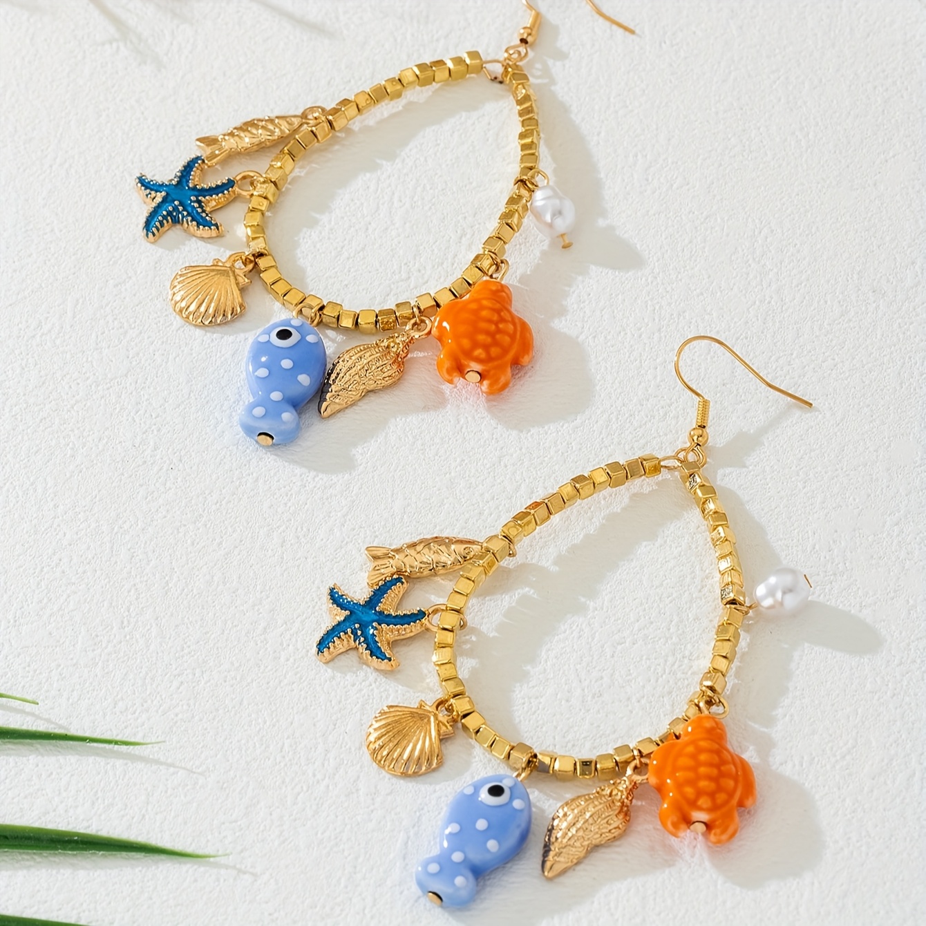 TEMU 2pcs Elegant And Fashionable Beach Style Sweet Starfish And Fish Ceramic Pendant Earrings, Suitable For Women' Wear, Vacation, And Gift