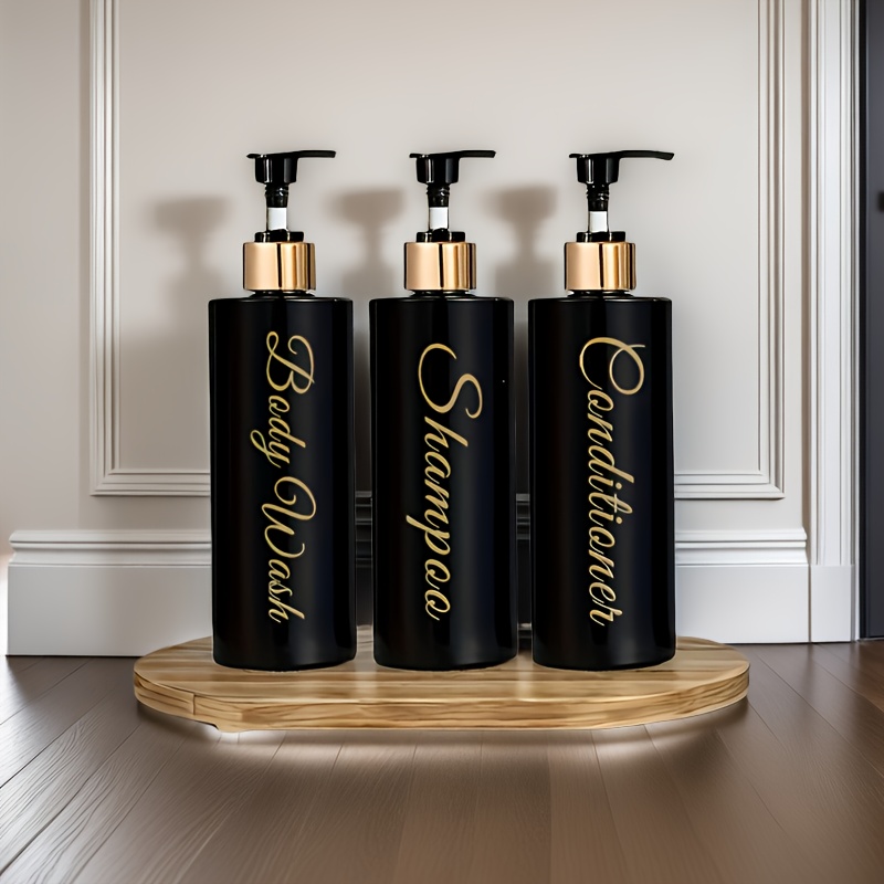 E-shop 3er-Set Elegante Etiketten Schwarzer Luxus Shampoo- und Duschgel-Spender, 300-ml (10,1-Unzen) Wiederverwendbare Flüssigflasche mit Goldener