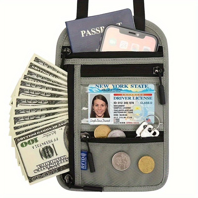 

Travel Halter Wallet Rfld Blocking Passport Holder With Adjustable Neck Strap, Zipper Up Travel Carry-on Documents Package For