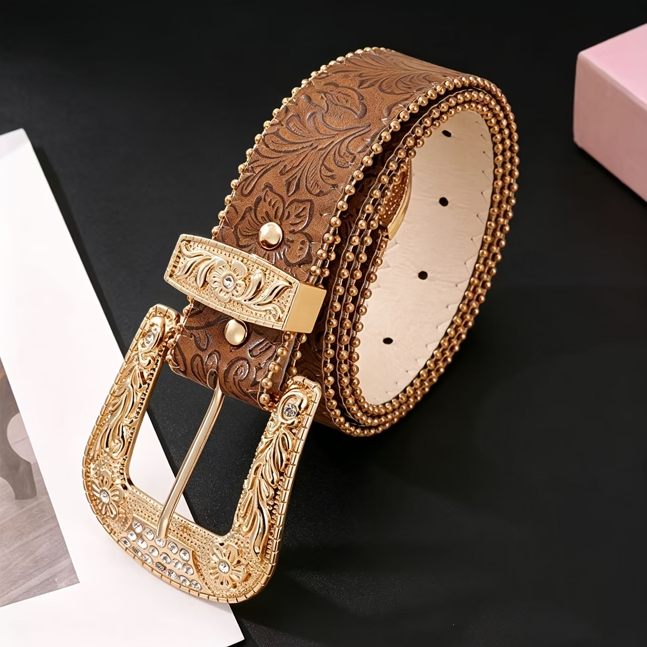 TEMU 1 Ceinture pour femme, motif sculpté vintage, marron, boucle incrustée de strass, style western, convient aux tenues décontractées quotidiennes