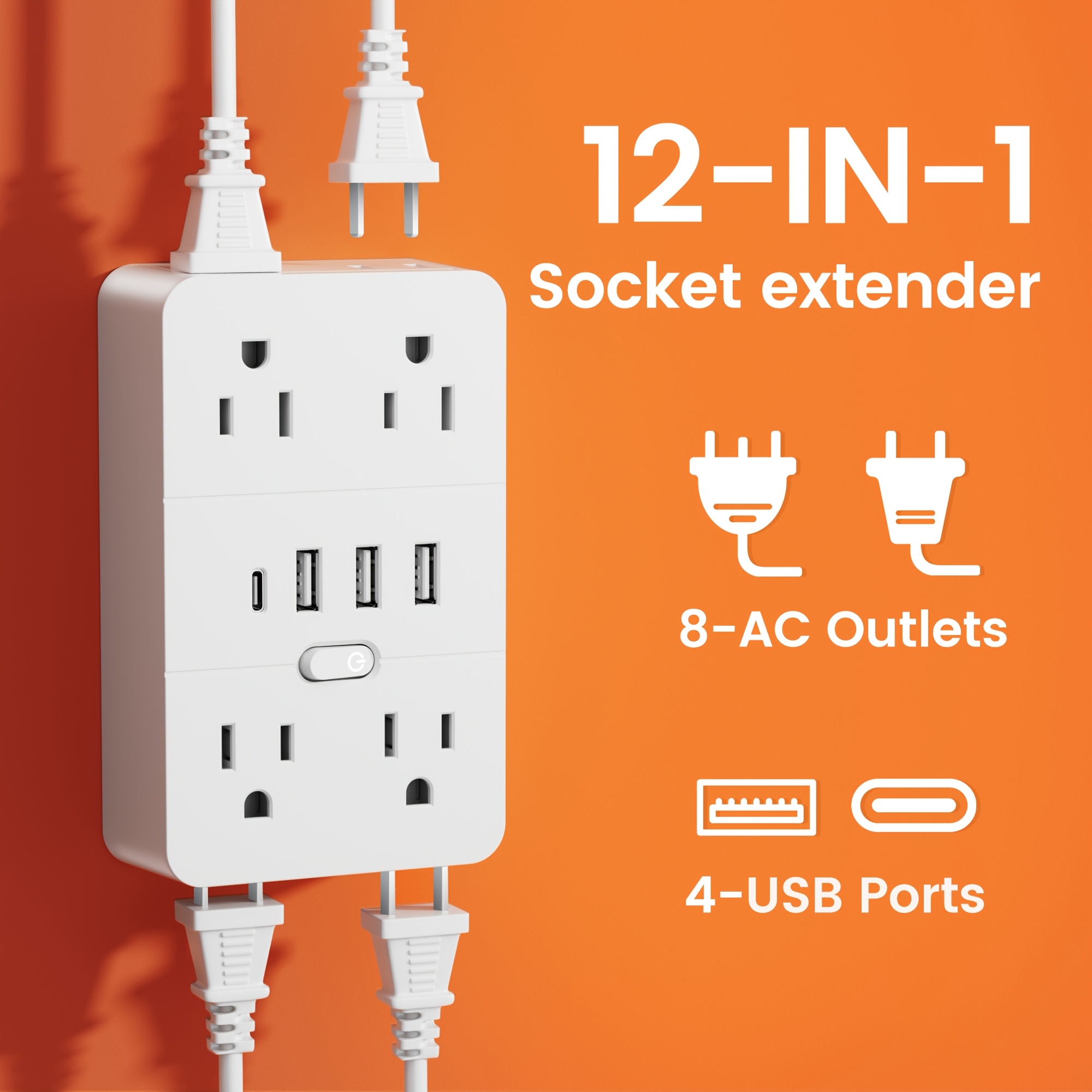 TEMU Multifunctional With 8 Ac Sockets, 3 Usb Ports And 1 Type-c Port. Power Socket Converter, Multi-plug Adapter, Switch Button, Built-in Protector.