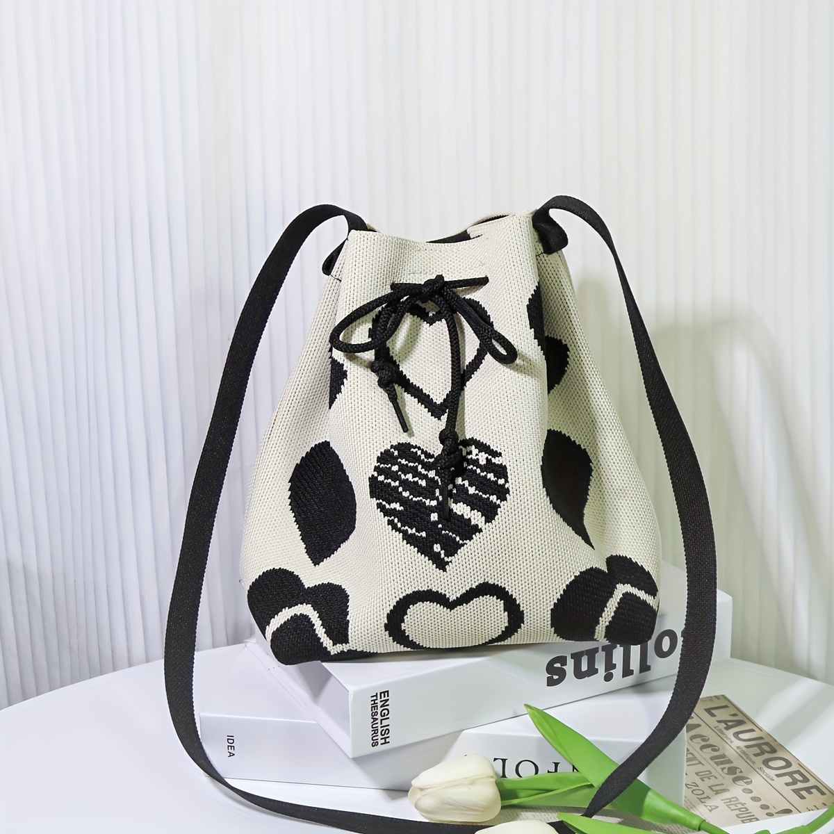 

Mini Classic Heart Pattern Bucket Bag, Drawstring Shoulder Bag, Casual All-match Handbag