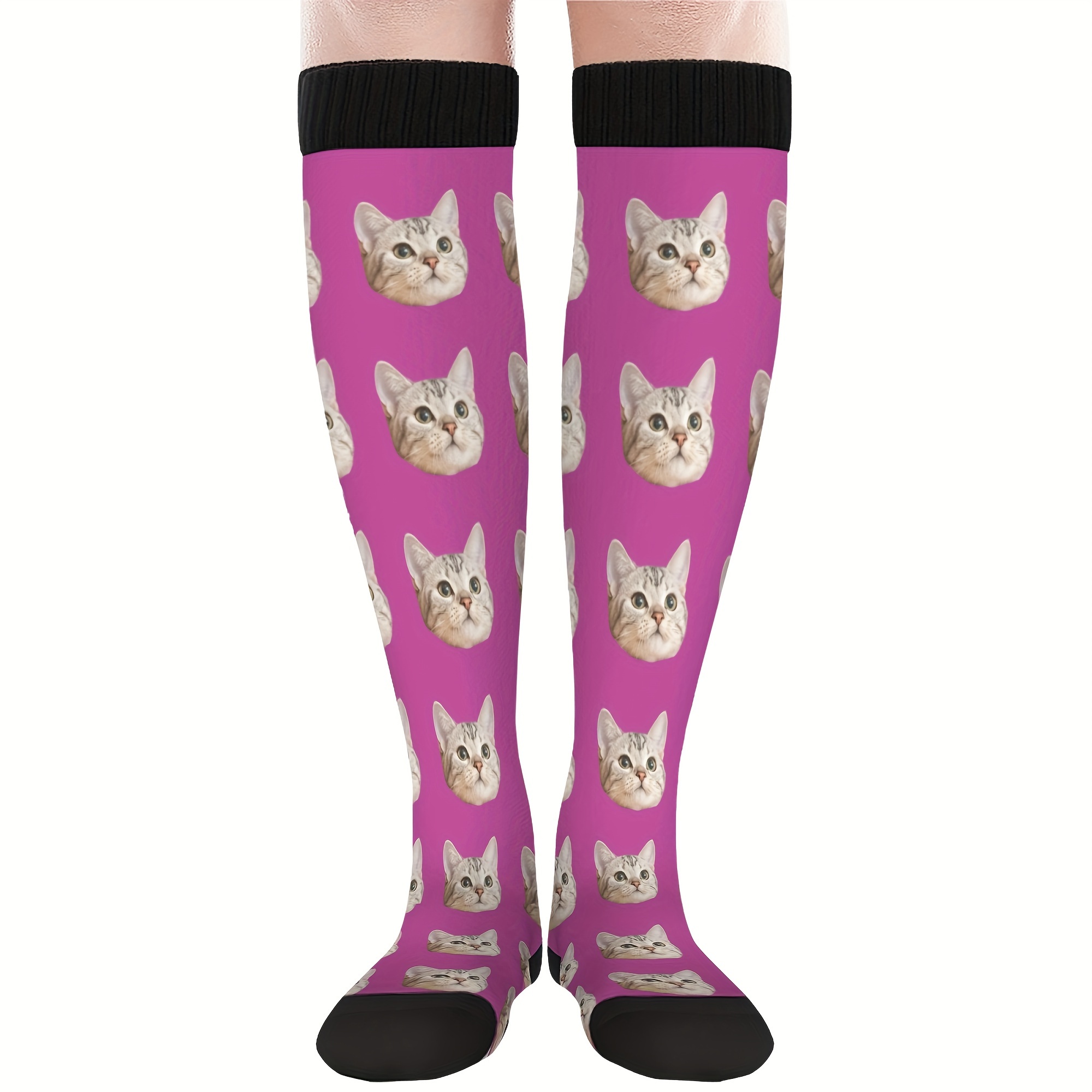 TEMU Custom Photo Personalized Knee-length Socks - 100% Polyester Elegant Calf Socks For Couples - Machine Washable, Knit Fabric Solid , Unisex Plus