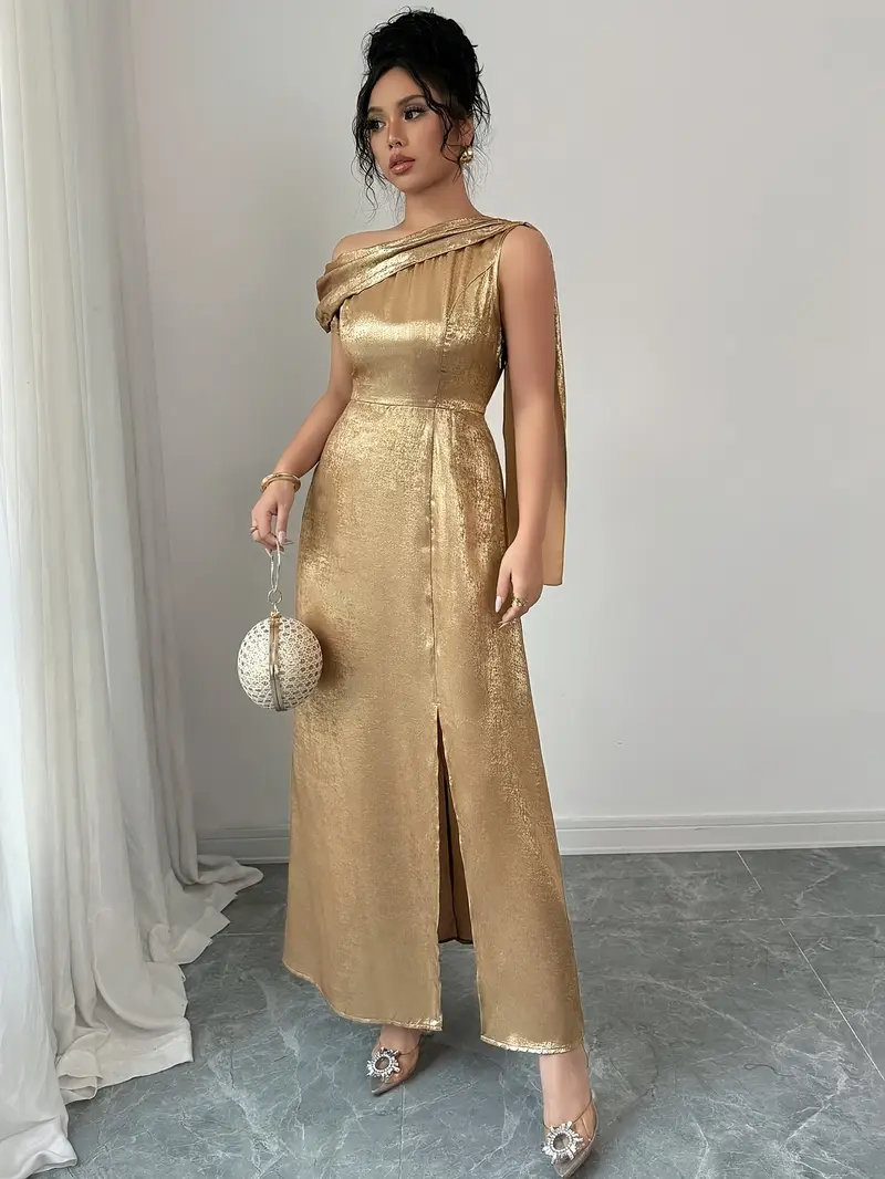 golden asymmetric dress Golden Draped Maxi Dress With Asymmetrical