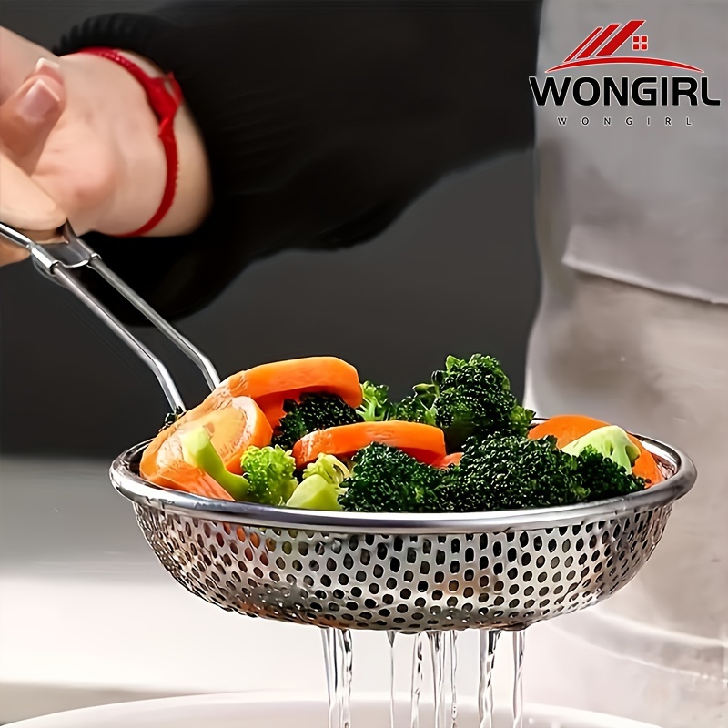 TEMU Wongirl Stainless Steel Kitchen Strainer With Wooden Handle - Rust-resistant, Ideal For Pasta & Grease Filtering, Perfect For Restaurants