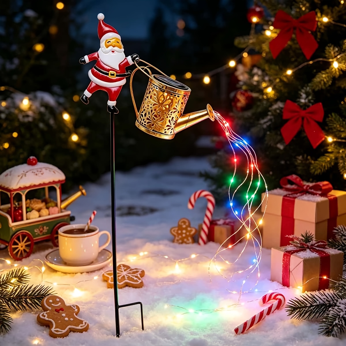 TEMU Solar Powered Santa Watering Can Garden Light - 37 Led Colorful Twinkle Outdoor Christmas Yard Stake, Ip44 Dusk-to-dawn , No Wiring - Great Gift
