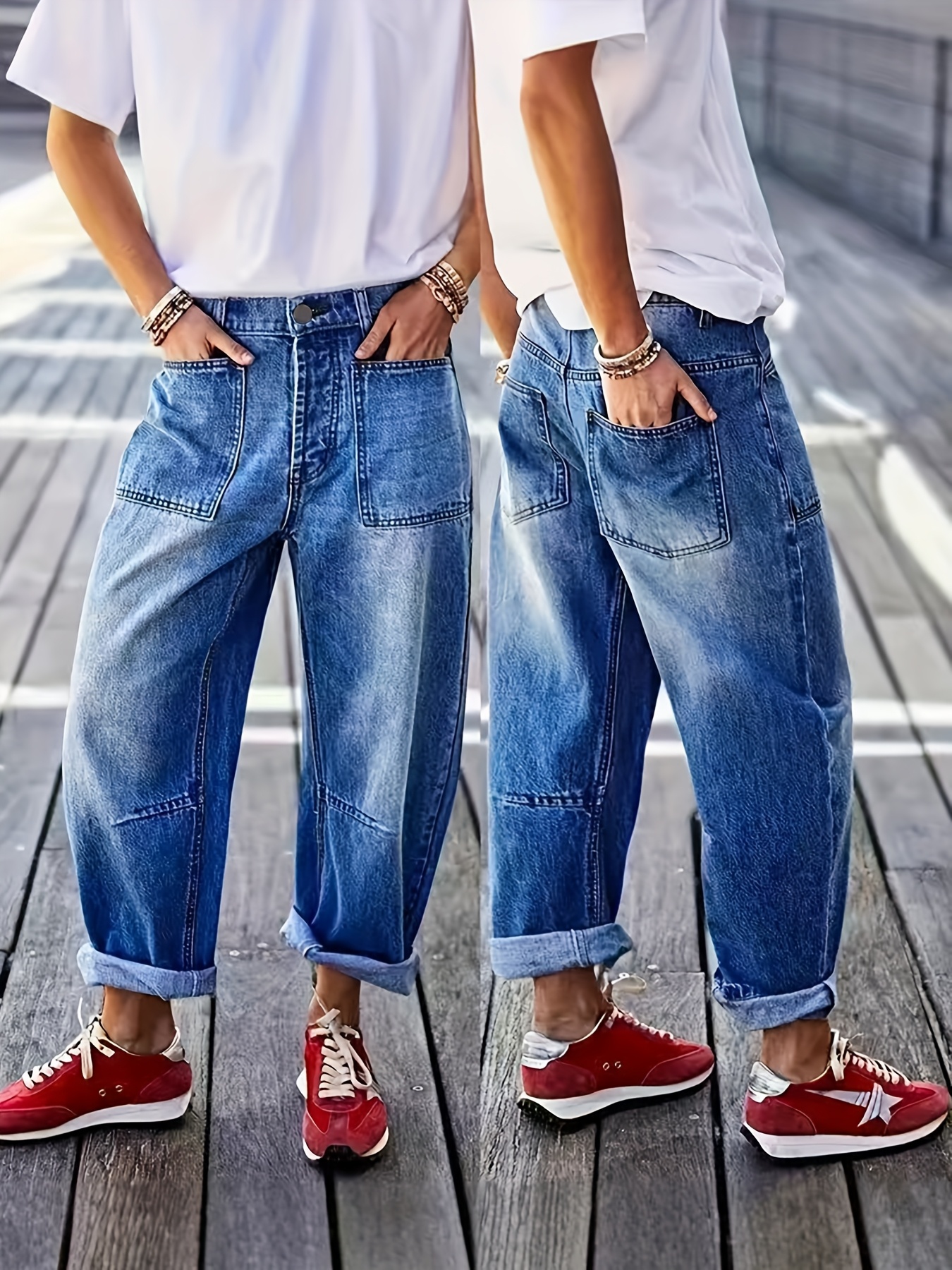 womens 2026 new stretchy relaxed wide leg cropped blue jeans washed ladies clothing straight leg loose casual pants with pockets fun boyfriend   pants     and   wear in comfortable   denim trousers