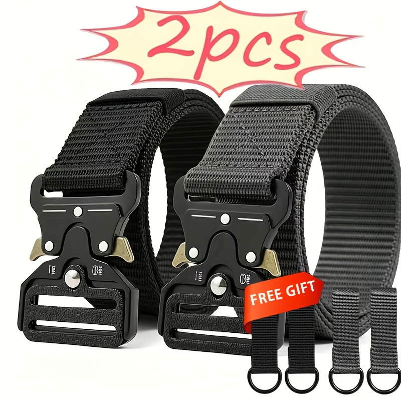 TEMU 2026 -pack Men's Tactical Nylon Belts With 4 Utility Hooks, Quick-release Buckles And Holeless Adjustable Webbing, Lightweight Wear-resistant
