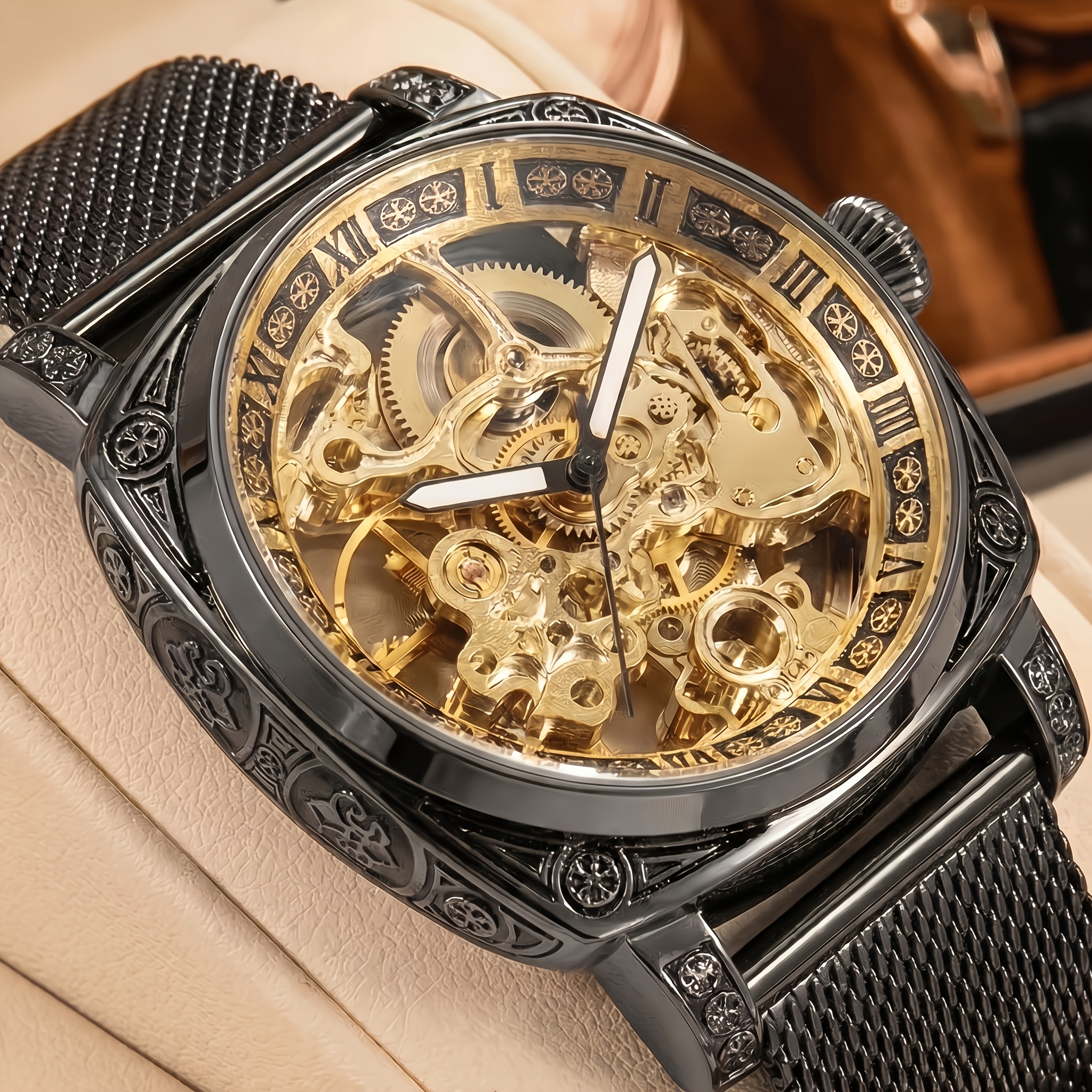 1pc Men's Yellow Black Mesh Strap Carving Fully Automatic Tourbillon Hollow Mechanical Watch, Without Battery