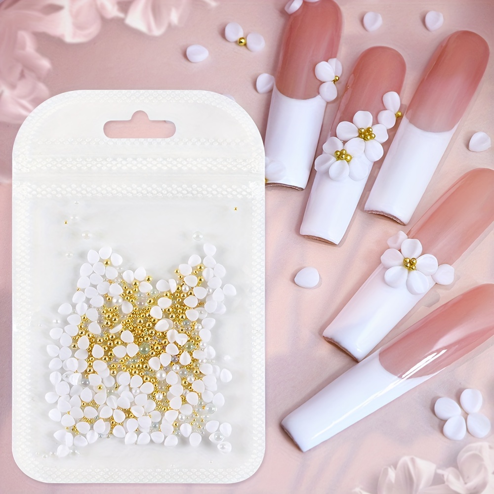 

Rikonka 150pcs Acrylic Flower Nail Charms With Mixed Sizes, White Rhinestones & Golden Beads - 3d Nail Art Decorations For Diy Manicure Design, Unscented