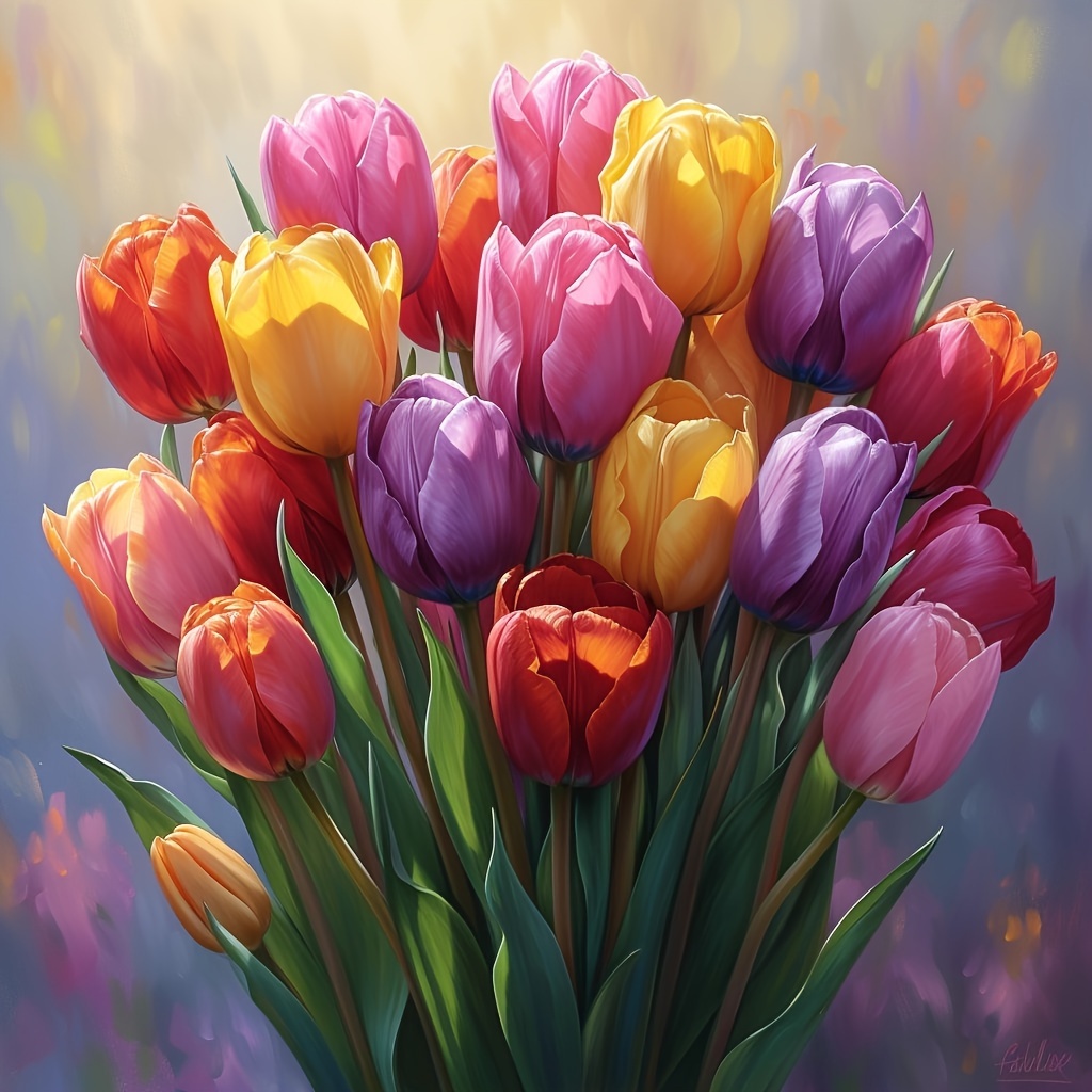 

1pc 40x40cm/15.7x15.7in Without Frame Diy Large Size 5d Artificial Diamond Art Painting Colorful Tulips, Full Rhinestone Painting, Diamond Art Embroidery Kits, Handmade Home Room Office Wall Decor
