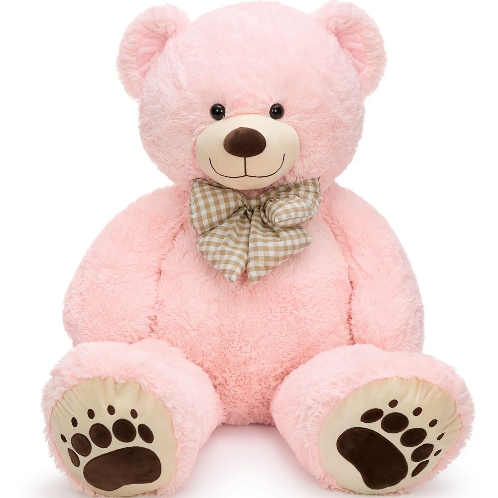 Morismos Giant 120cm Teddy Bear, Pink Plush With Grid Bow Tie, , Perfect Birthday For Girls, Boys, And Teens, Nursery Room Decor