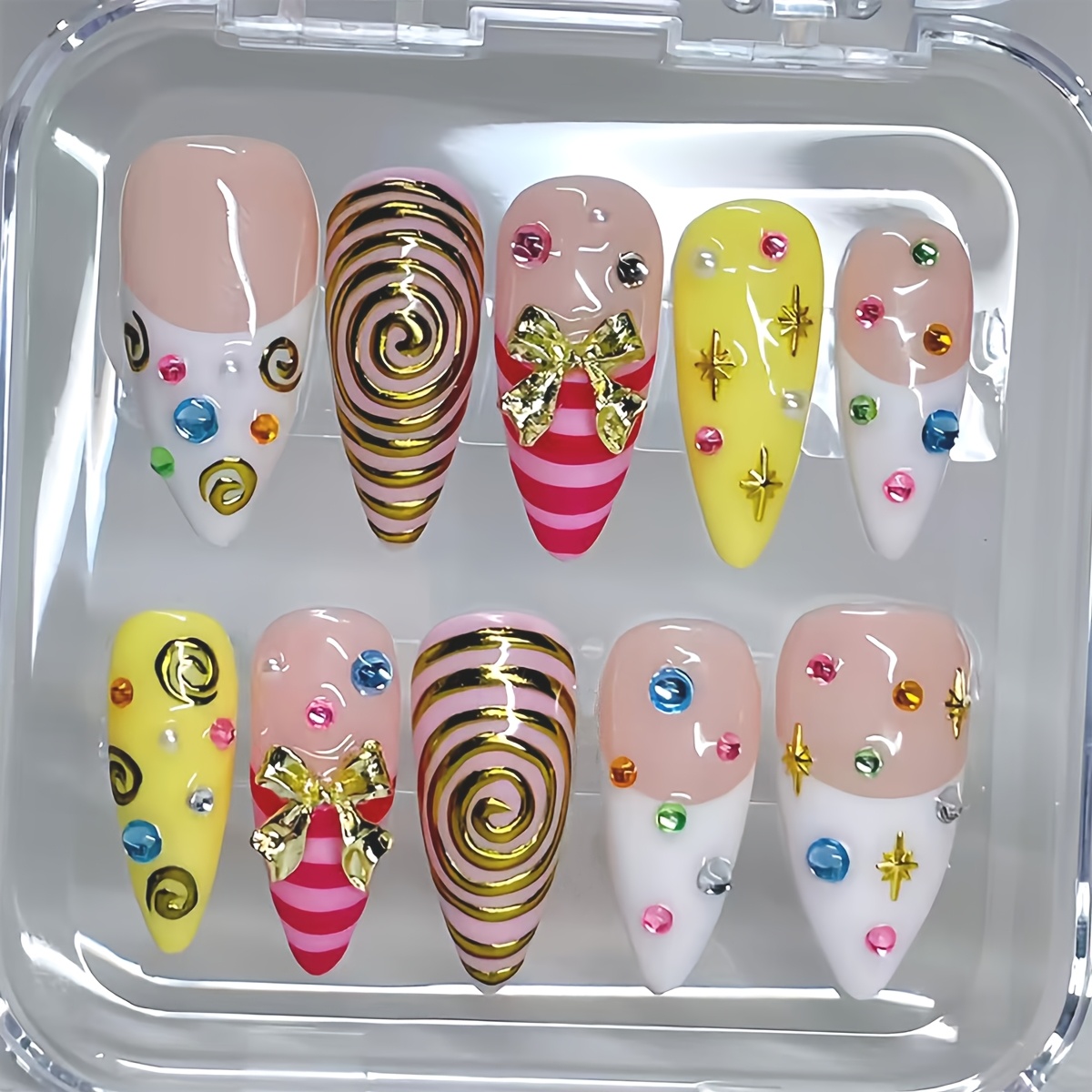 TEMU 10pcs 3d Lollipop -on Nails Acrylic Art With Rhinestones, Sapphire White French Trim, Golden Glitter Spiral Pattern With Rose Pink Stripes,