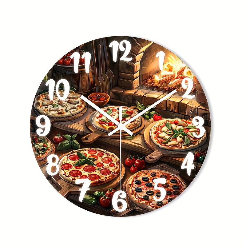 TEMU 1pc Pizza-themed Wooden Wall Clock - Silent Non-ticking Quartz Movement, Pizza Hands & Italian Decor (tomato, Basil, Olives) - 10/12/14/16 Inch