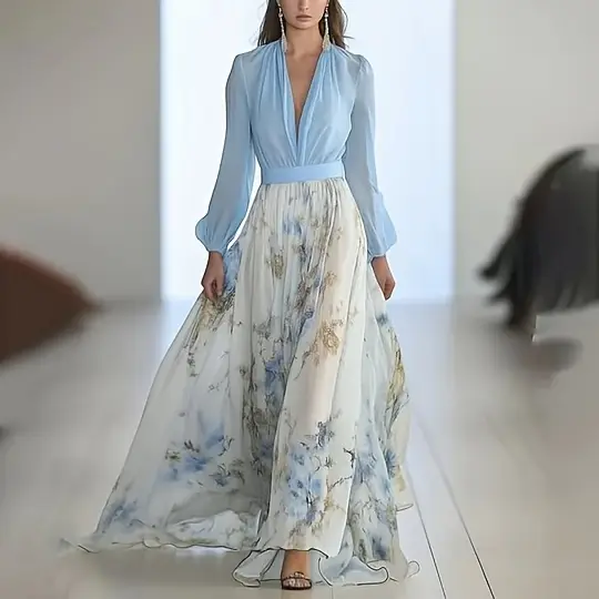 womens bohemian floral print v neck long sleeve dress lightweight a line flowy maxi with puff sleeves machine washable soft fabric for spring summer fall casual formal events elegant style Product details 2