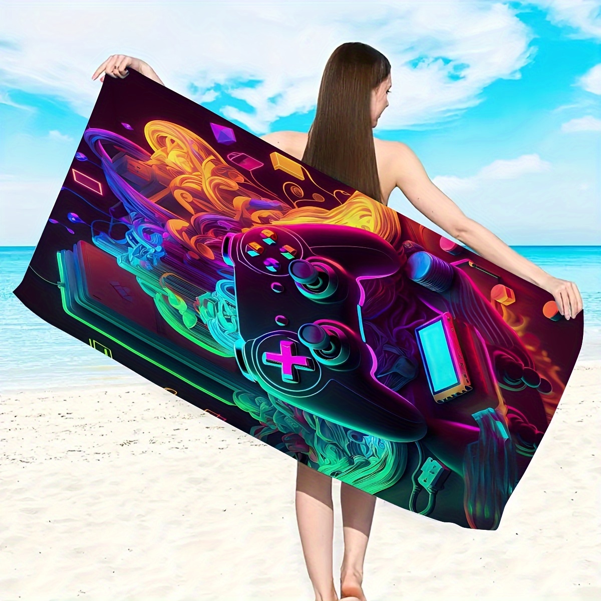 

1pc Gamepad Pattern Beach Towel, Soft Absorbent Beach Towel, Lightweight Beach Blanket, Holiday Essential Gifts, Beach Essentials