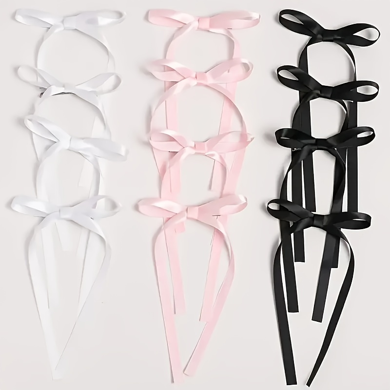 

12pcs Elegant Ribbon Bow Hair Clip Set In White, Pink, & Black - Chic Solid Color Fabric Knot Clips For Women & Girls, Ideal For & Weddings, Cute Hair Clips