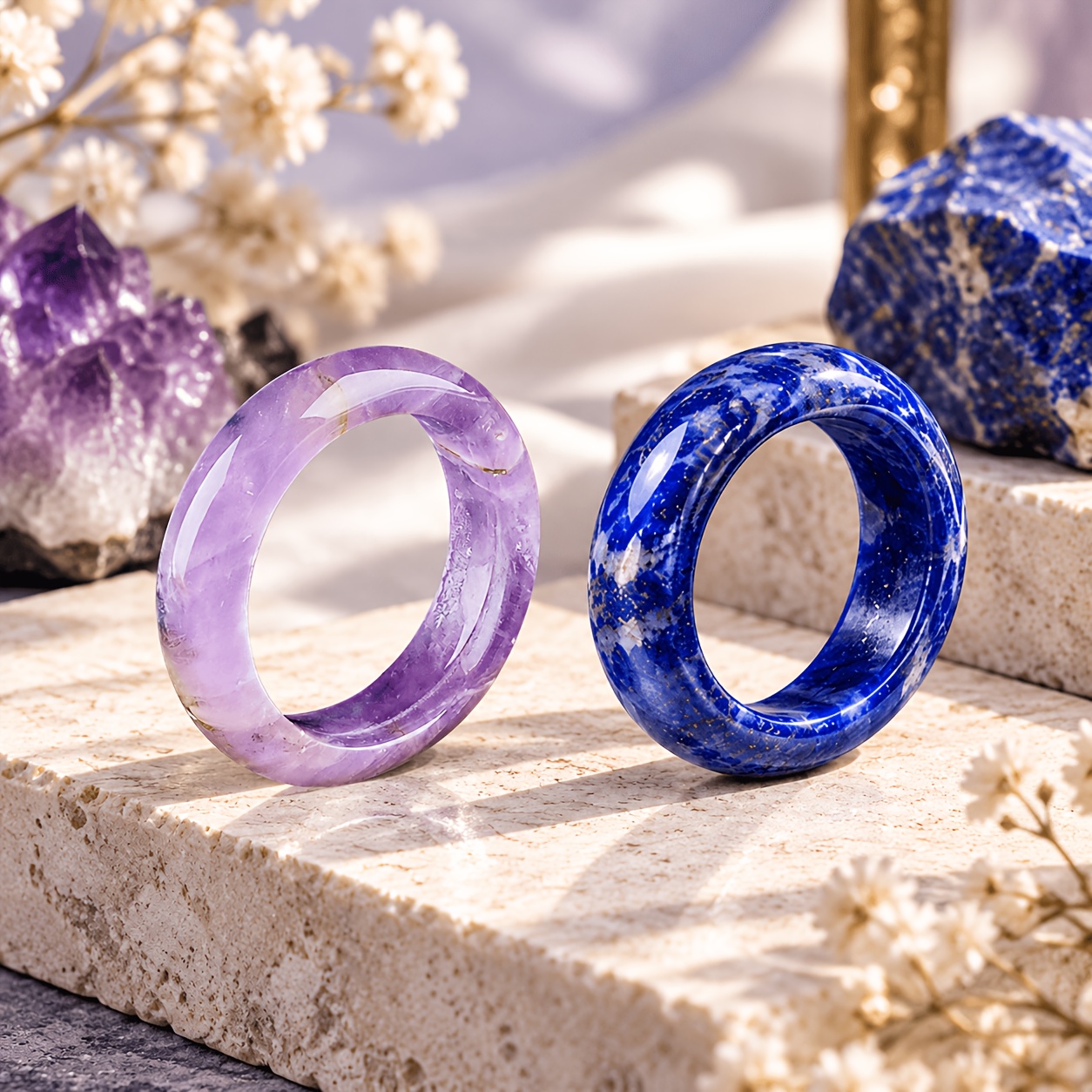 TEMU 2pcs Women's Natural Stone Plain Band Ring, Amethyst And Circular Ring, Niche Everyday Jewelry, Exquisite Accessory