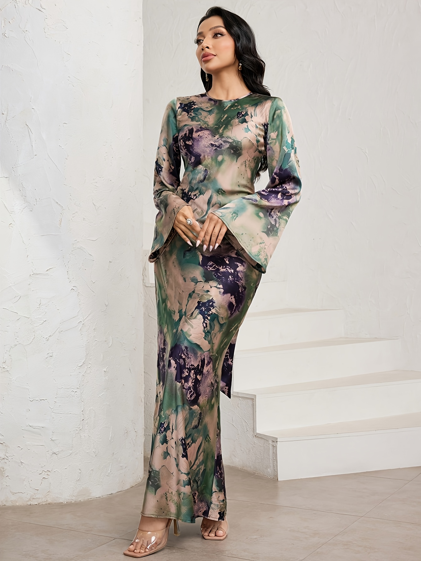 womens elegant tie green floral print long sleeve dress - Temu Chile